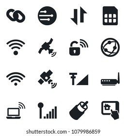 Set of vector isolated black icon - wireless notebook vector, satellite, network, chain, rca, sim, data exchange, cellular signal, lock, router, home control app