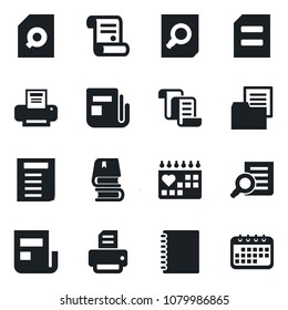 Set of vector isolated black icon - contract vector, document search, printer, medical calendar, folder, news, copybook, book