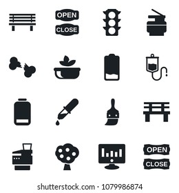 Set of vector isolated black icon - statistic monitor vector, bench, dropper, broken bone, traffic light, low battery, themes, copier, fruit tree, salad, open close