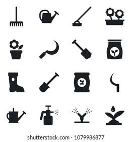 Set of vector isolated black icon - job vector, flower in pot, shovel, rake, watering can, boot, hoe, sickle, garden sprayer, fertilizer, irrigation