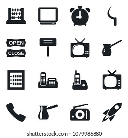 Set of vector isolated black icon - alarm clock vector, abacus, sickle, plant label, radio, tv, phone, call, office, open close, turkish coffee, rocket