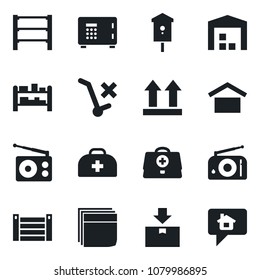 Set of vector isolated black icon - safe vector, bird house, doctor case, container, warehouse storage, up side sign, no trolley, package, rack, radio, blank box, home message
