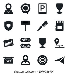 Set of vector isolated black icon - parking vector, pen, stamp, plant label, heart shield, navigation, pin, fragile, barcode, sd, sale, open close, paper plane