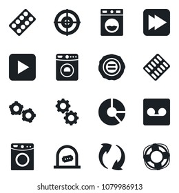 Set of vector isolated black icon - ticket office vector, washer, gear, circle chart, stamp, pills blister, play button, fast forward, update, record, target, crisis management