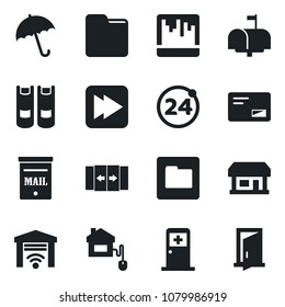 Set of vector isolated black icon - 24 around vector, automatic door, umbrella, medical room, book, store, mail, fast forward, scanner, folder, mailbox, home control, garage gate