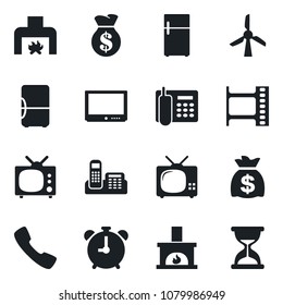 Set of vector isolated black icon - alarm clock vector, money bag, film frame, tv, call, office phone, fireplace, fridge, windmill, sand
