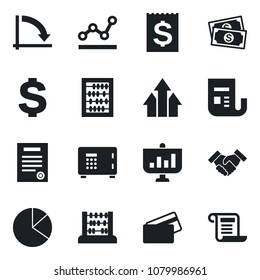 Set of vector isolated black icon - safe vector, dollar sign, abacus, crisis graph, cash, receipt, news, pie, point, handshake, contract, credit card, arrow up, presentation