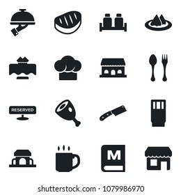 Set of vector isolated black icon - spoon and fork vector, coffee, restaurant table, serviette, cook hat, menu, reserved, drink, waiter, salt pepper, cafe building, steak, ham, knife, storefront