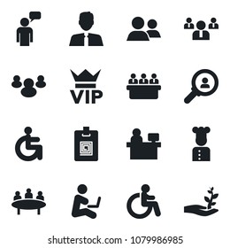 Set of vector isolated black icon - vip vector, disabled, speaking man, team, meeting, manager place, group, identity card, estate agent, cook, consumer search, with notebook, palm sproute