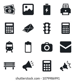 Set of vector isolated black icon - train vector, bench, cash, traffic light, camera, battery, gallery, mail, calculator, printer, advertising