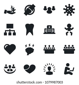 Set of vector isolated black icon - baby vector, brainstorm, meeting, heart, tooth, joint, hospital, virus, group, company, palm sproute, shining head, hierarchy, man with notebook