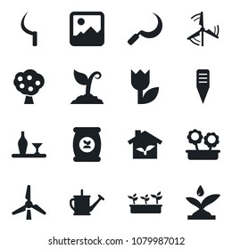 Set of vector isolated black icon - watering can vector, sproute, seedling, sickle, plant label, fertilizer, tulip, gallery, windmill, fruit tree, flower in pot, alcohol, eco house, irrigation