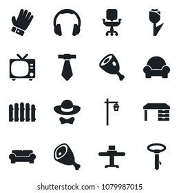 Set of vector isolated black icon - tv vector, desk, fence, glove, garden light, tulip, headphones, office chair, cushioned furniture, restaurant table, dress code, ham, tie