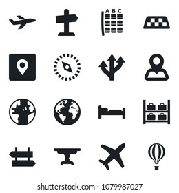 Set of vector isolated black icon - taxi vector, signpost, bed, seat map, luggage storage, route, navigation, earth, plane, place tag, compass, table, guidepost, air balloon