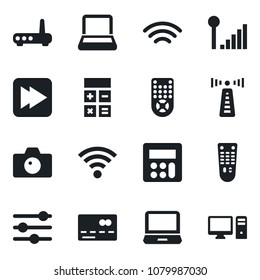 Set of vector isolated black icon - antenna vector, credit card, camera, calculator, remote control, laptop pc, fast forward, tuning, wireless, cellular signal, notebook, router