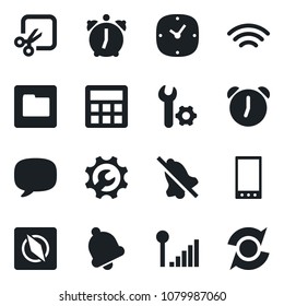 Set of vector isolated black icon - mobile vector, message, calculator, clock, alarm, bell, folder, wireless, mute, cut, compass, cellular signal, root setup, update