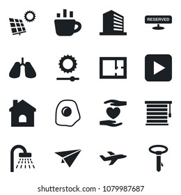 Set of vector isolated black icon - shower vector, office building, coffee, house, heart hand, lungs, plane, play button, brightness, sun panel, plan, reserved, omelette, jalousie, paper, tie