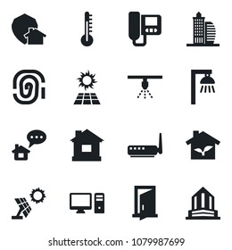 Set of vector isolated black icon - house vector, office building, eco, router, intercome, pc, thermometer, outdoor lamp, home protect, sun panel, door, sprinkler, message, fingerprint
