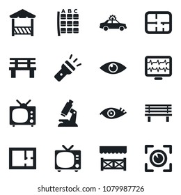 Set of vector isolated black icon - tv vector, alarm car, seat map, bench, monitor pulse, microscope, eye, torch, plan, alcove, scan