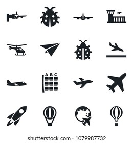 Set of vector isolated black icon - plane vector, arrival, boarding, helicopter, seat map, globe, airport building, lady bug, rocket, paper, air balloon