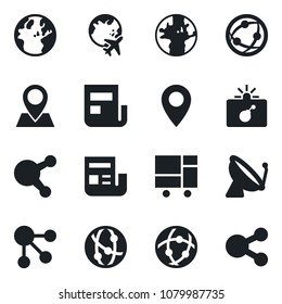 Set of vector isolated black icon - satellite antenna vector, bomb in case, plane globe, earth, pin, consolidated cargo, network, share, news, social media