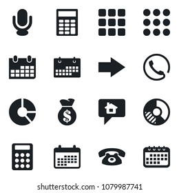 Set of vector isolated black icon - right arrow vector, calendar, circle chart, microphone, menu, calculator, phone, home message, money bag