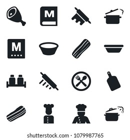 Set of vector isolated black icon - cook vector, cafe, menu, bacon, salt and pepper, ham, bowl, rolling pin, cutting board, steaming pan