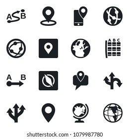 Set of vector isolated black icon - globe vector, seat map, route, pin, mobile tracking, network, place tag, compass, earth