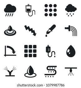 Set of vector isolated black icon - crisis graph vector, watering, water drop, rain, drip irrigation, dropper, menu, sprinkler