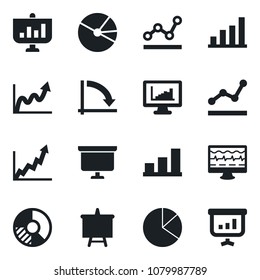 Set of vector isolated black icon - presentation board vector, crisis graph, circle chart, monitor pulse, statistics, bar, pie, point, growth