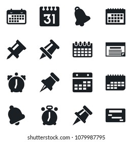 Set of vector isolated black icon - alarm clock vector, drawing pin, calendar, term, paper, bell, schedule