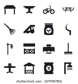 Set of vector isolated black icon - ladder car vector, rake, sickle, garden light, picnic table, fertilizer, bike, restaurant, alcove, outdoor lamp