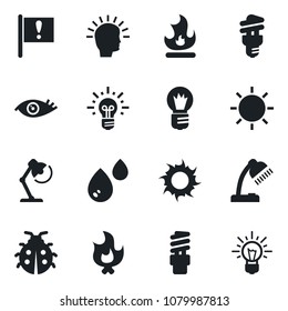 Set of vector isolated black icon - bulb vector, lady bug, fire, sun, eye, important flag, desk lamp, water, energy saving, shining head, idea