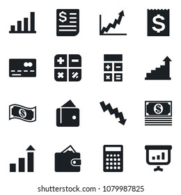Set of vector isolated black icon - credit card vector, growth statistic, calculator, crisis graph, receipt, bar, wallet, cash, presentation