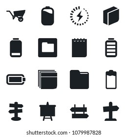 Set of vector isolated black icon - signpost vector, notepad, presentation board, wheelbarrow, battery, low, folder, charge, blank box, guidepost