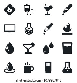 Set of vector isolated black icon - hot cup vector, water drop, dropper, flammable, monitor, drink, cocktail, flask