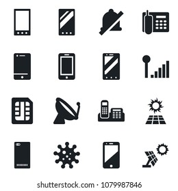 Set of vector isolated black icon - satellite antenna vector, mobile phone, virus, cell, back, sim, mute, cellular signal, office, sun panel