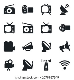 Set of vector isolated black icon - antenna vector, satellite, radio, loudspeaker, tv, video camera, wireless