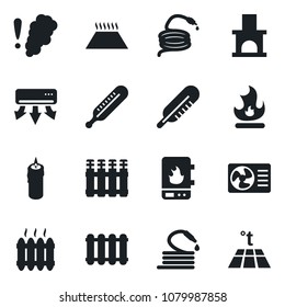 Set of vector isolated black icon - fire vector, hose, fireplace, thermometer, heater, candle, water, air conditioner, smoke detector, radiator, warm floor