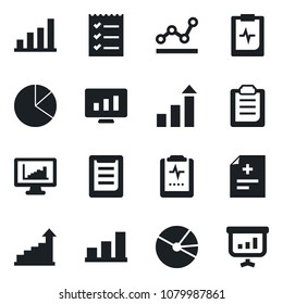 Set of vector isolated black icon - growth statistic vector, monitor, diagnosis, pulse clipboard, statistics, bar graph, pie, checklist, point, presentation