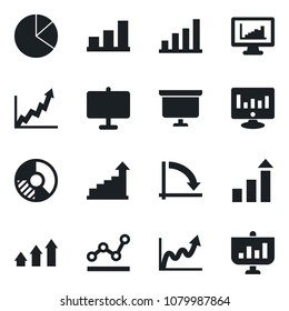 Set of vector isolated black icon - growth statistic vector, presentation board, crisis graph, monitor, circle chart, statistics, bar, pie, point, arrow up