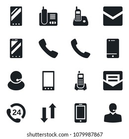 Set of vector isolated black icon - mobile phone vector, office, 24 hours, support, cell, radio, call, mail, data exchange