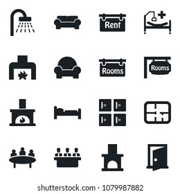 Set of vector isolated black icon - bed vector, shower, checkroom, meeting, fireplace, hospital, plan, rent, rooms, cushioned furniture, door