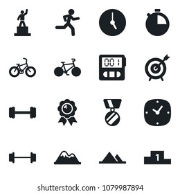 Set of vector isolated black icon - pedestal vector, medal, barbell, bike, run, clock, stopwatch, mountains, target