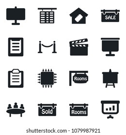 Set of vector isolated black icon - fence vector, flight table, presentation board, meeting, clipboard, clapboard, sale, rooms, sold signboard, smart home, chip