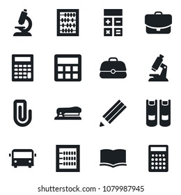 Set of vector isolated black icon - airport bus vector, book, calculator, abacus, microscope, paper clip, pencil, stapler, case
