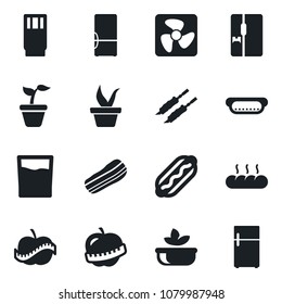 Set of vector isolated black icon - seedling vector, diet, fridge, drink, salad, bacon, bread, kebab, hot dog, fan