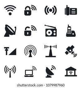 Set of vector isolated black icon - antenna vector, satellite, wireless notebook, office phone, radio, cellular signal, lock, garage gate control
