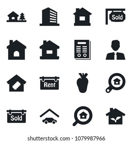Set of vector isolated black icon - office building vector, house, real heart, contract, with tree, garage, rent, sold signboard, estate search, agent, smart home, eco