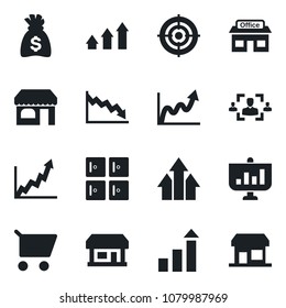 Set of vector isolated black icon - shop vector, checkroom, growth statistic, money bag, store, hr, target, arrow up graph, crisis, cart, presentation, storefront